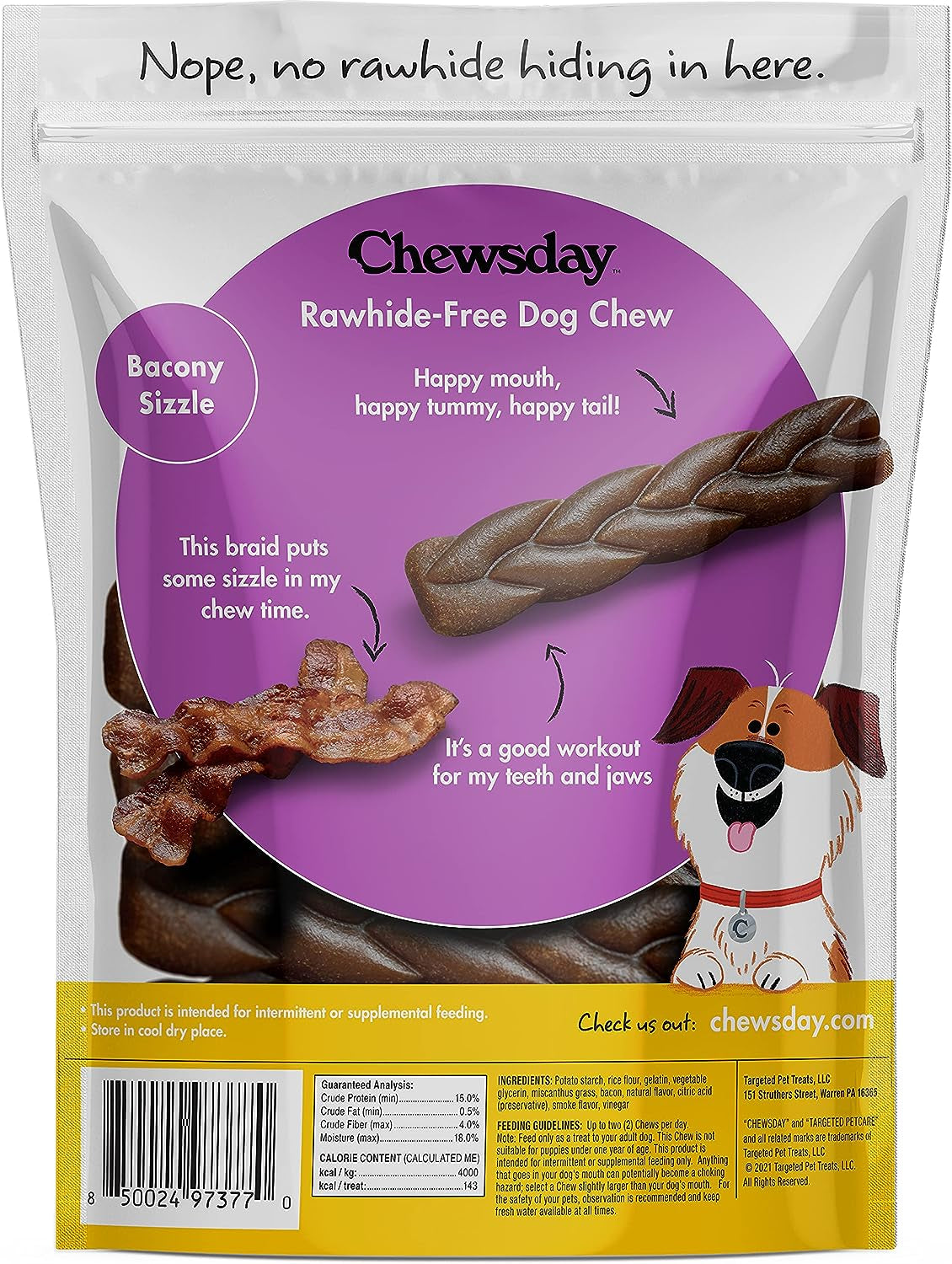 5-Inch Dog Chew Braids, Made in the USA, All Natural Rawhide-Free Highly-Digestible Treats, Bacony Sizzle - 14 Count